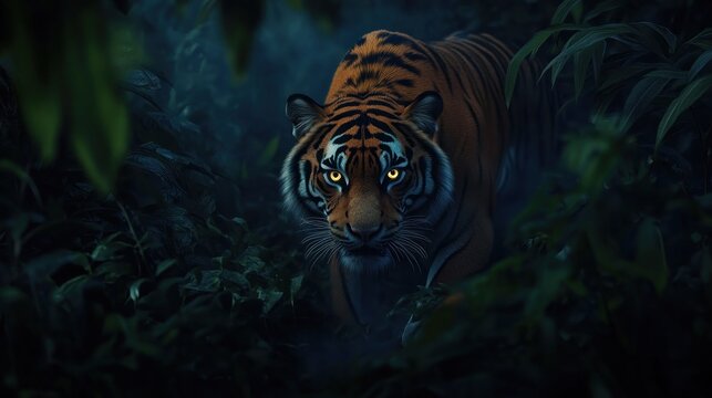 Fototapeta Tiger stalking through jungle at night