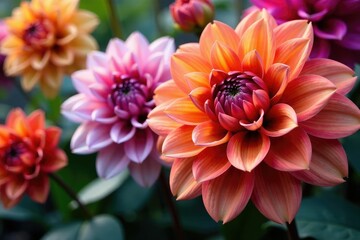 Obraz premium Intricate dahlia blooms, vibrant colors, close-up view, print, photography, flower