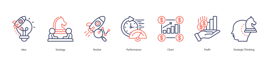 Strategic Growth icon sheet vector illustration idea, strategy, rocket, performance, chart, profit, strategic thinking