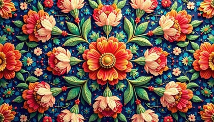 Fototapeta premium Intricate floral textile design, repeating motif, spring, retro, pattern