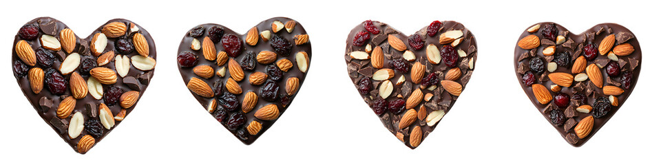 Artisanal heart-shaped chocolate treats with nuts and dried fruit