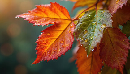Fototapeta premium Autumn leaves with raindrops. Close-up view of colorful foliage. Wet leaf with water drops. Fall season concept. Freshness, nature, macro photography. Orange, red and green colors.