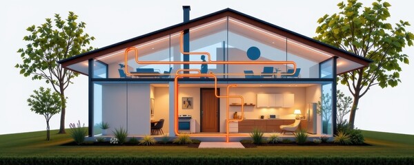 transparent house layout with amperage paths traced through appliances