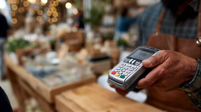 Close-up of a customer making a contactless payment with a credit card in a local store, card hovering above the terminal, warm retail setting &ndash; Generative AI