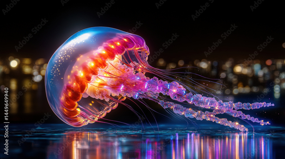 Aufkleber glowing jellyfish made of lightbulbs illuminates night with vibrant colors, creating mesmerizing and