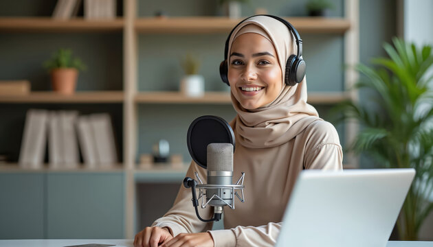Young woman in hijab records podcast in modern office. Uses pro microphone laptop creating online content, speaks passionately. Muslim female podcaster uses audio equipment to engage audience with