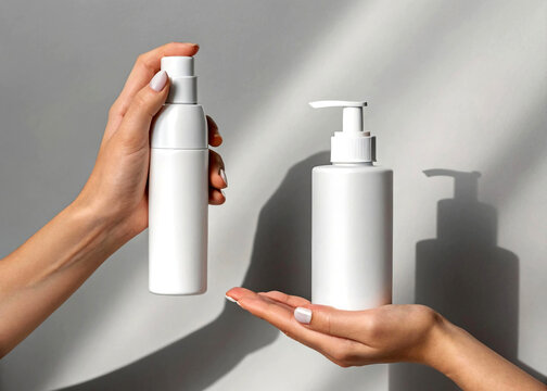 Skincare Bottles Held by Hands &ndash; White Cosmetic Packaging Photography