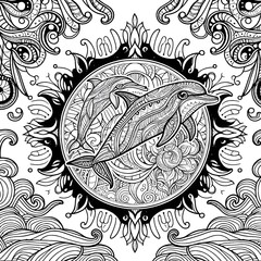 Animal Mandala Coloring Page. A drawing of a dolphin with a flower in the background.