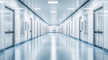Empty, sterile hallway in a modern facility.  Clean, smooth floors and walls