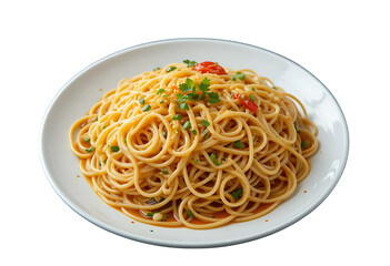 Conceptual image of Hakka noodles arranged like an abstract painting on a white plate.