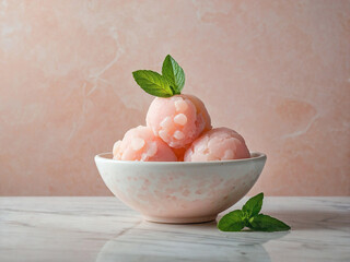 A delicate scoop of pale pink lychee sorbet in a white ceramic bowl