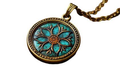 Teal and Gold Floral Pendant Necklace on Gold Chain