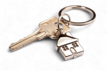 House key with keychain, symbolizing real estate ownership or home buying. Perfect for realtors, property management, and home insurance. PNG format with transparent background.