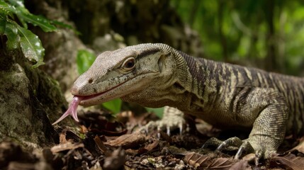 Obraz premium Monitor Lizard Portrait: Tongue Flick in Lush Habitat