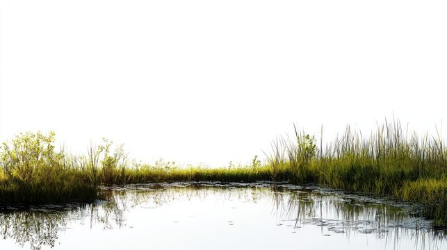 A small pond reflecting a sunrise, white background