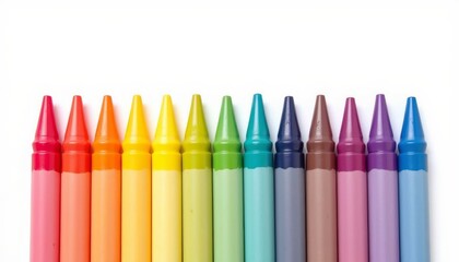 a neatly arranged row of brand new wax crayons in a vibrant rainbow gradient, standing upright on a white background