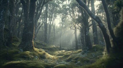 Obraz premium Enchanted Forest Path: Sunlit Mossy Trail Through Ancient Woods