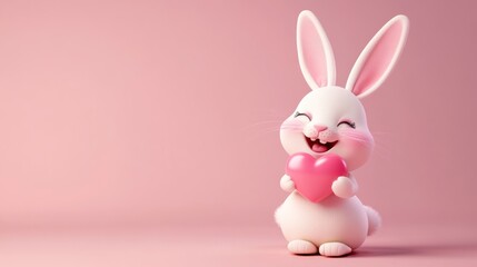 Obraz premium Cute white rabbit holding a pink heart