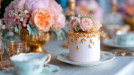 Elegant dessert with flowers on a beautifully arranged table setting.