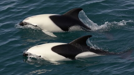 Two Pacific White-Sided Dolphins Swimming in the Open Ocean