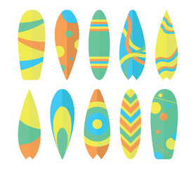 Set of ten surfboard icons on white background.
