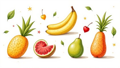 a beautifully arranged composition of tropical fruits, each drawn in a whimsical, slightly stylized hand drawn manner