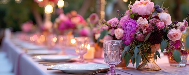 Beautifully arranged table with floral centerpiece and soft lighting for a cozy dining experience.