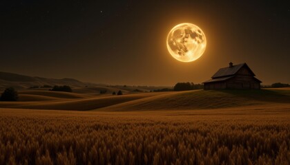 Fototapeta premium a vast countryside landscape illuminated by the glowing golden full harvest moon
