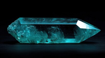 Fototapeta premium A single serendibite crystal with a blue-green color and a vitreous luster. The crystal is triclinic in shape, with smooth surfaces and sharp edges. The background is dark