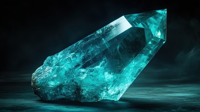 A single serendibite crystal with a blue-green color and a vitreous luster. The crystal is triclinic in shape, with smooth surfaces and sharp edges. The background is dark