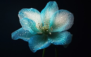 Dew-kissed blue flower on black background.