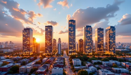 Fototapeta premium urban skyline where every window is a transparent solarcell, smart city vision