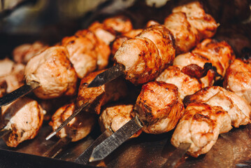 grilled shish kebab on skewers, close-up view, fried meat, delicious food