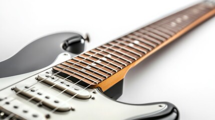 Close-up of black electric guitar with rosewood fretboard.