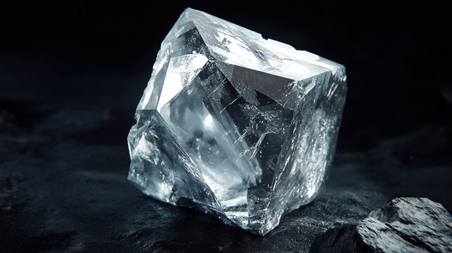 A single iridium crystal with a silvery-white color and a metallic luster. The crystal is cubic in shape, with smooth surfaces and sharp edges. The background is dark