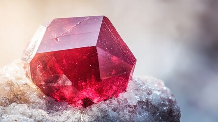 A single red beryl crystal with a deep red color and a vitreous luster. The crystal is hexagonal in shape, with smooth surfaces and sharp edges. The background is soft