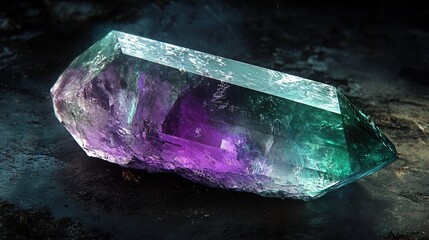 A single musgravite crystal with a green to purple color and a vitreous luster. The crystal is hexagonal in shape, with smooth surfaces and sharp edges. The background is dark