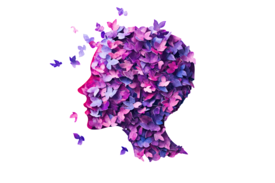 Vibrant silhouette with butterflies symbolizes creativity and transformation. Purple and pink hues create a dreamy aesthetic. Perfect for artistic projects. PNG format with transparent background. - Powered by Adobe