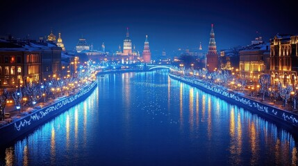 Obraz premium Winter evening cityscape along a river reflecting city lights.