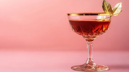 Elegant cocktail in coupe glass on pink background.