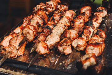 grilled shish kebab on skewers, close-up view, fried meat, delicious food