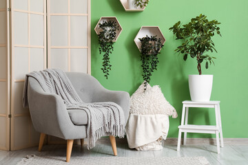 Houseplants, soft armchair and folding screen in interior of beautiful living room
