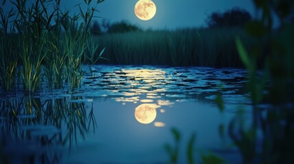 A small pond with a reflection of a full moon at night, white background