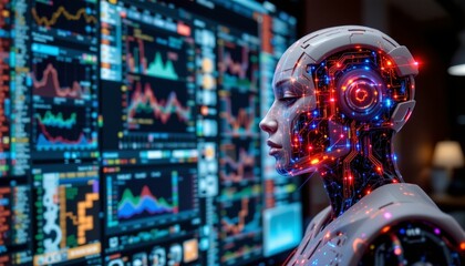 an advanced humanoid robot standing in front of a large screen displaying various financial graphs a
