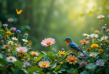 Obraz premium Photo Realistic Spring Flowers and Birds 