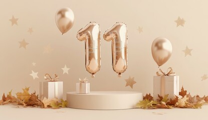 Elegant 11th birthday scene with gold balloons, gifts, and autumn leaves on a beige background.