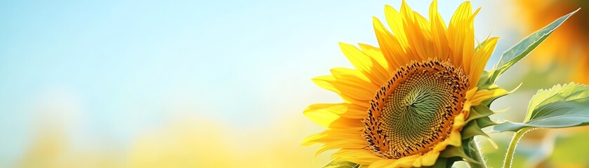 Closeup of a bright sunflower against a blurred field under a clear blue sky shallow depth of field highlighting the vibrant yellow petals and green foliage