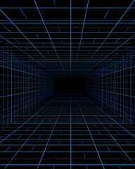 A grid pattern of dark blue lines on a black background, reminiscent of the inside of an empty virtual reality room or a space without walls and only floating grid lines in a futuristic cyberpunk aest