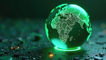 Digital illustration LCA concept. Green glowing globe on circuit board. Environmental impact assessment related to product value chains. Sustainable eco-friendly design. Tech, IT.