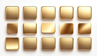 Sixteen Golden Square Buttons with Varied Textures and Highlights